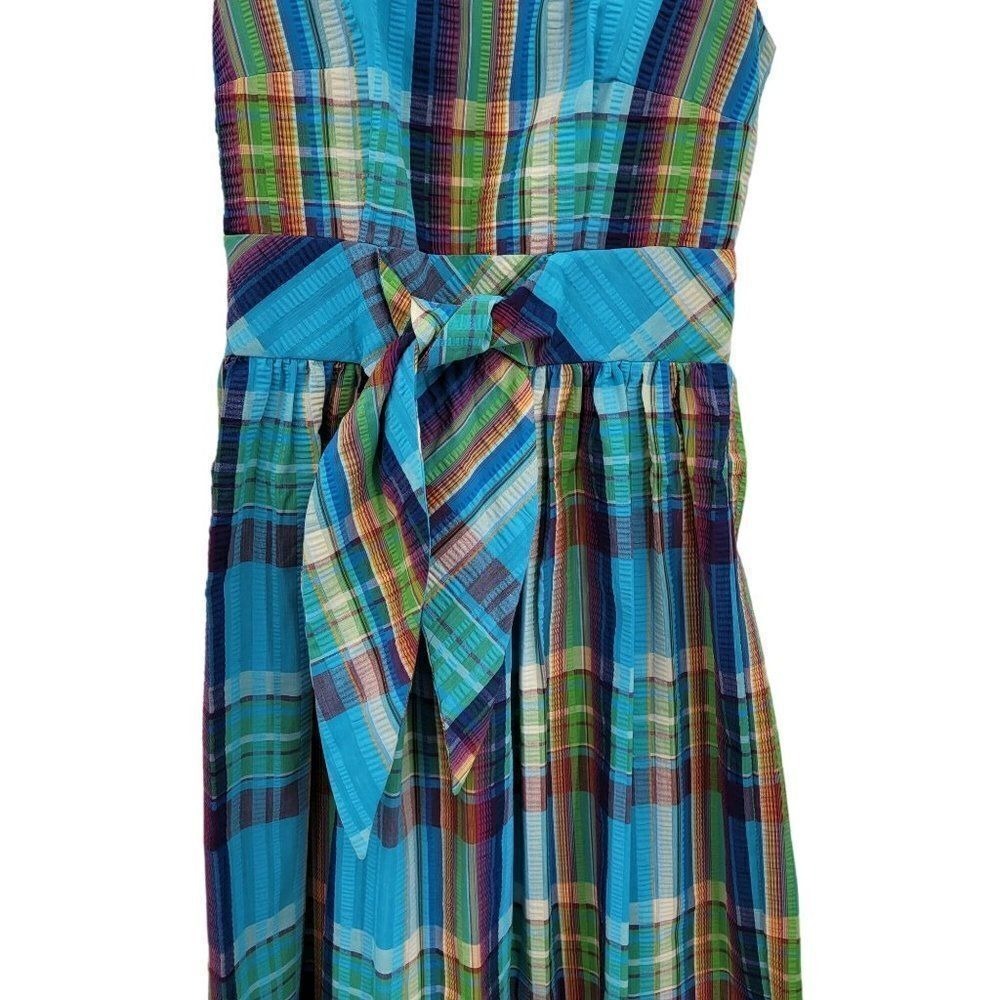 Vtg 70s Cottage Dopamine Rainbow Plaid Tie Waist Maxi Dress Sz M Textured Cotton - Picture 6 of 11